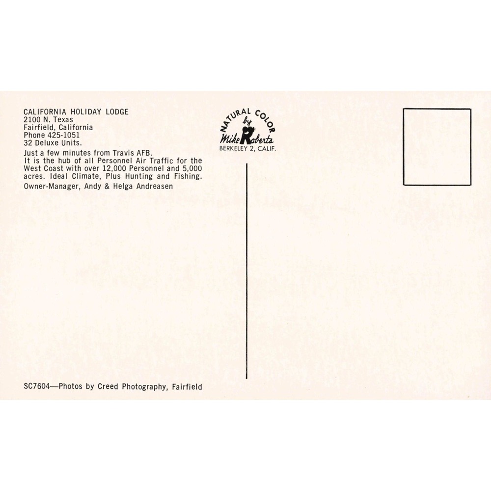 Fairfield California CA Holiday Lodge Motel Mike Roberts Vintage Chrome Postcard - Picture 2 of 2